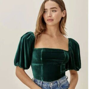 Reformation Emerald Green Velvet Puff Sleeve Square Neck Top